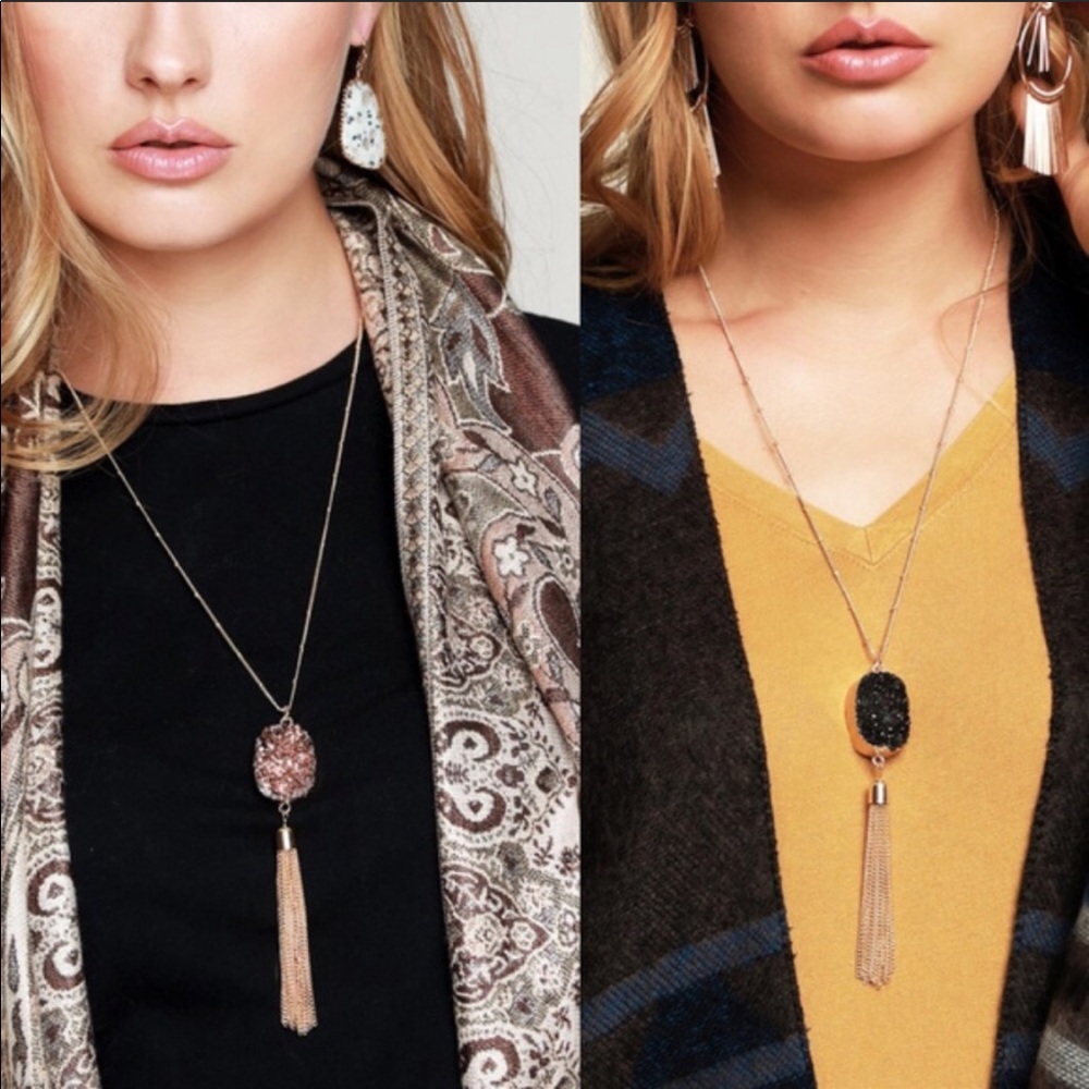 Druzy pendant necklace gold Tassel long chain - Picture 2 of 7